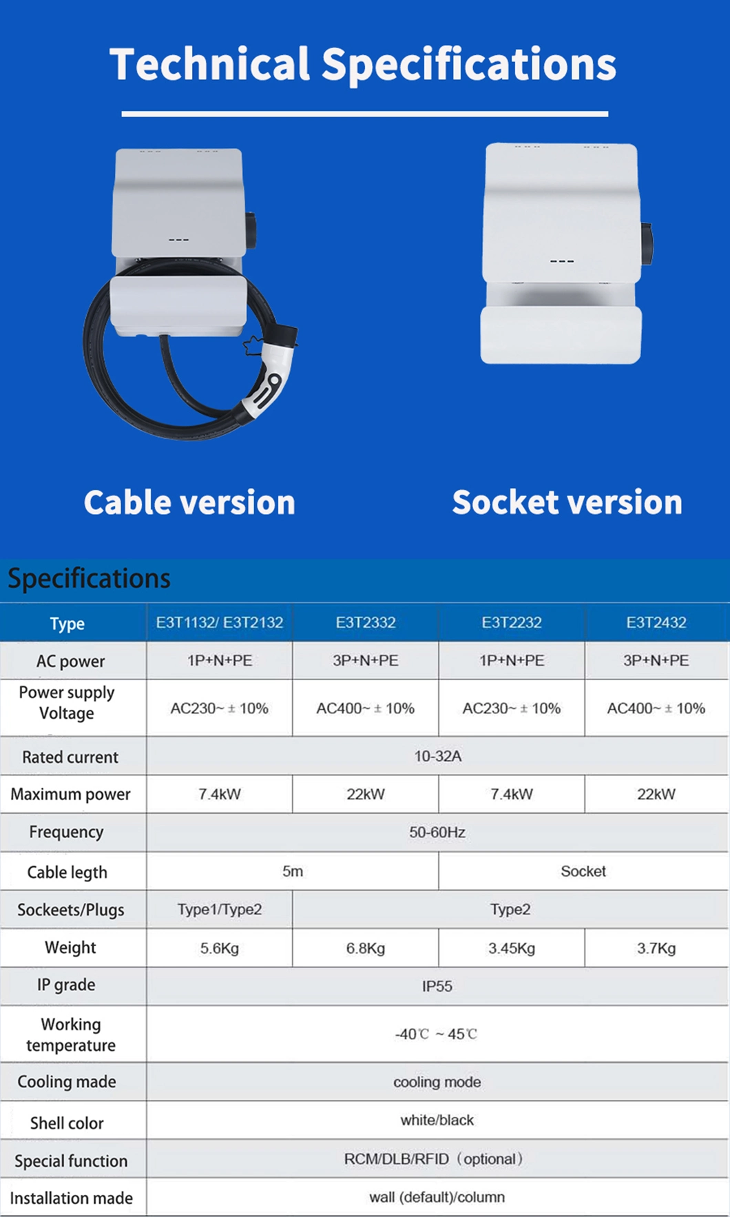 China Provider AC Chargers Type 2 Mode 3 Level 2 Wall-Mounted EV Car Charging Point Wallbox with RFID